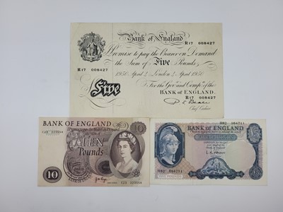 Lot 455 - THREE ENGLISH BANKNOTES, A 1950 white fiver...