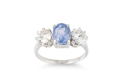 Lot 342 - A SAPPHIRE AND DIAMOND THREE-STONE RING, the...