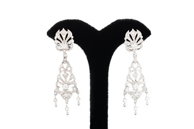 Lot 279 - A PAIR OF DIAMOND DROP EARRINGS, of chandelier...