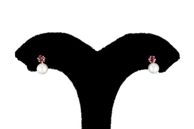 Lot 20 - A PAIR OF CULTURED PEARL AND RUBY STUD...