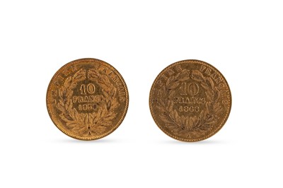 Lot 506 - A PAIR OF FRENCH 10 FRANC GOLD COINS, 1859 &...