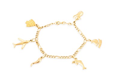 Lot 34 - AN 18CT YELLOW GOLD CHARM BRACELET, 6 charms...