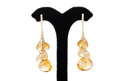 Lot 76 - A PAIR OF CITRINE AND DIAMOND DROP EARRINGS,...
