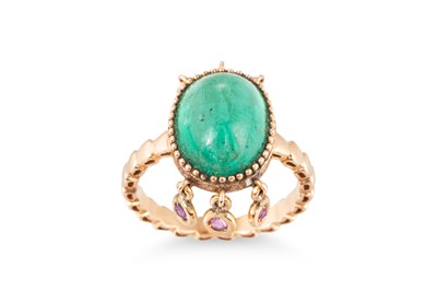 Lot 215 - AN EMERALD AND RUBY RING, the cabochon emerald...