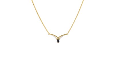Lot 65 - A SAPPHIRE AND DIAMOND PENDANT, 'v' shaped,...