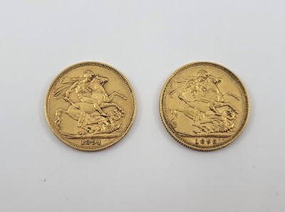 Lot 498 - TWO FULL GOLD SOVEREIGN ENGLISH COINS, 1891 F,...