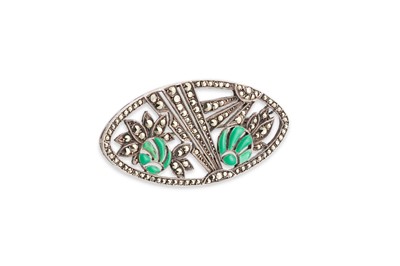 Lot 83 - AN ART DECO MARACASITE AND ENAMEL BROOCH,...