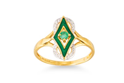 Lot 284 - AN EMERALD AND ENAMEL SET RING, of geometric...