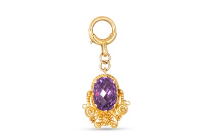 Lot 285 - AN AMETHYST SET DROP PENDANT, modern...