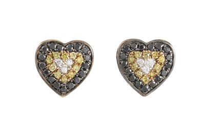 Lot 48 - A PAIR OF THREE COLOUR DIAMOND EARRINGS, heart...