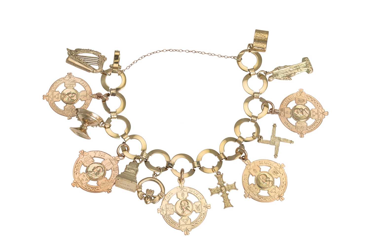 Lot 67 - A 9CT GOLD CIRCULAR LINK BRACELET, suspending...