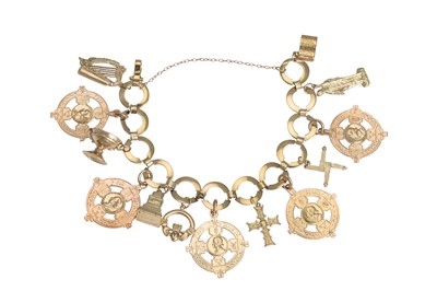 Lot 67 - A 9CT GOLD CIRCULAR LINK BRACELET, suspending...