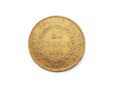 Lot 471 - A 1889 FRENCH 20 FRANC GOLD COIN, 0.90, 6.7 g., F