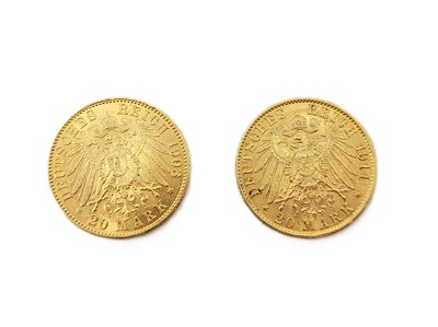 Lot 473 - TWO GERMAN GOLD COINS, 20 marks, 1903/1911,...