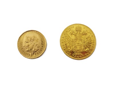 Lot 474 - AN AUSTRIAN GOLD COIN, 1915, 0.90, together...