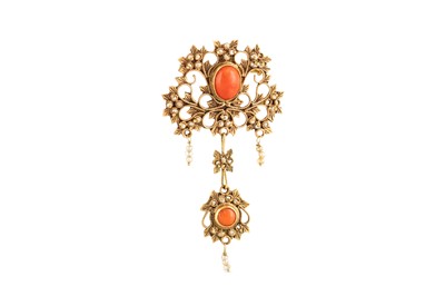 Lot 98 - AN ANTIQUE CORAL AND SEED PEARL BROOCH,...