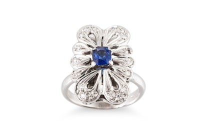 Lot 142 - A VINTAGE SYNTHETIC SAPPHIRE AND DIAMOND RING,...