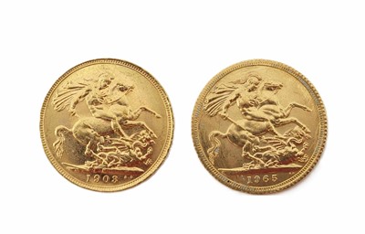 Lot 483 - TWO FULL GOLD SOVEREIGN ENGLISH COINS, 1903...