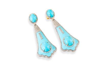 Lot 127 - A PAIR OF TURQUOISE, ENAMEL AND DIAMOND DROP...