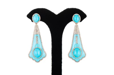 Lot 80 - A PAIR OF TURQUOISE, ENAMEL AND DIAMOND DROP...
