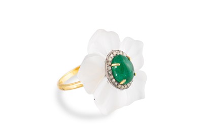 Lot 81 - AN ENAMEL, DIAMOND AND QUARTZ CRYSTAL RING,...