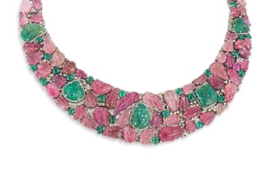 Lot 82 - AN EMERALD, TOURMALINE AND DIAMOND NECK COLLAR,...