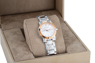Lot 409 - A LADY'S STAINLESS STEEL BURBERRY WRISTWATCH,...