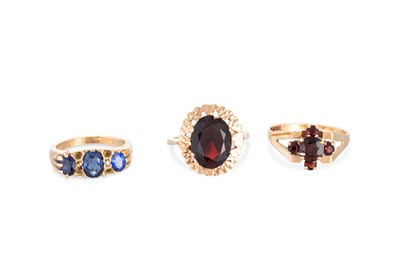 Lot 328 - THREE 9CT YELLOW GOLD RINGS, all gem-set,...