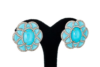Lot 248 - A PAIR OF TURQUOISE, ENAMEL AND DIAMOND...