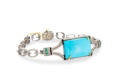 Lot 252 - A TURQUOISE EMERALD AND DIAMOND BRACELET, the...