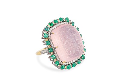 Lot 253 - A ROSE QUARTZ, DIAMOND AND GEMSTONE RING, the...