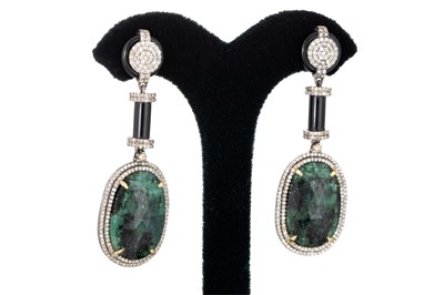 Lot 255 - A PAIR OF ONYX, DIAMOND AND GREEN GEMSET...