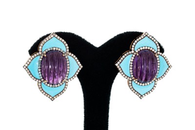 Lot 256 - A PAIR OF AMETHYST, ENAMEL AND DIAMOND...