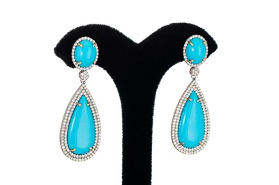Lot 258 - A PAIR OF TURQUOISE AND DIAMOND DROP EARRINGS,...