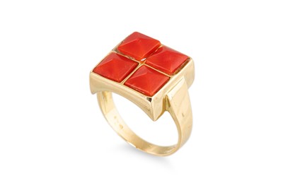 Lot 275 - A VINTAGE CORAL SET CLUSTER RING, the four...