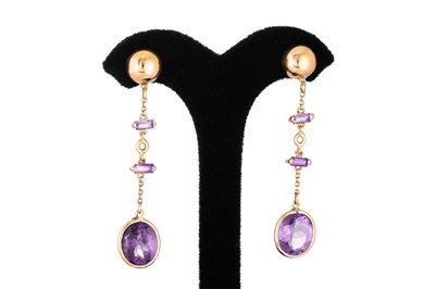 Lot 310 - A PAIR OF AMETHYST DROP EARRINGS, set with two...