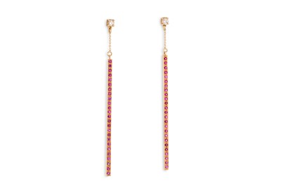 Lot 313 - A PAIR OF RUBY AND DIAMOND DROP EARRINGS, each...
