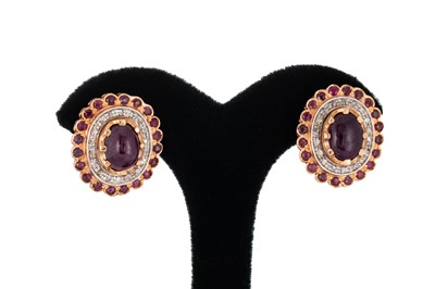 Lot 316 - A PAIR OF RUBY AND DIAMOND CLUSTER EARRINGS,...