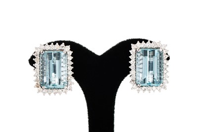 Lot 286 - A PAIR OF AQUAMARINE AND DIAMOND CLUSTER...