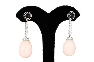 Lot 290 - A PAIR OF ONYX, DIAMOND AND CORAL DROP...