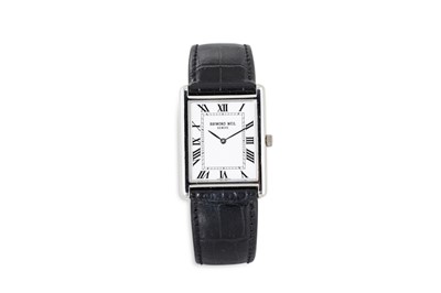 Lot 421 - A RAYMOND WEIL TANK WRIST WATCH, black leather...