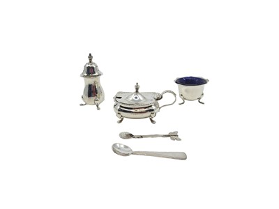 Lot 440 - AN ANTIQUE THREE PIECE SILVER CONDIMENT SET,...