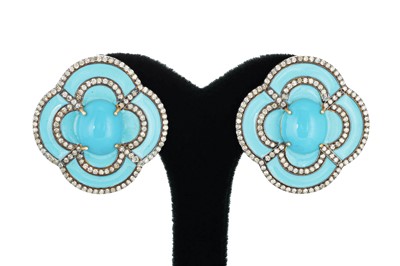 Lot 42 - A PAIR OF DIAMOND, TURQUOISE AND BLUE ENAMEL...