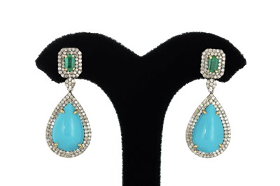 Lot 44 - A PAIR OF DIAMOND, EMERALD AND TURQUOISE...