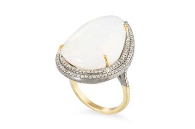 Lot 208 - A DIAMOND AND OPAL CLUSTER RING, the pear...