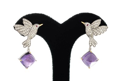 Lot 209 - A PAIR OF DIAMOND, RUBY AND AMETHYST EARRINGS,...