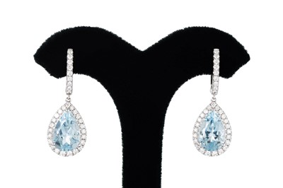 Lot 221 - A PAIR OF AQUAMARINE AND DIAMOND CLUSTER DROP...