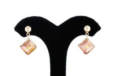 Lot 187 - A PAIR OF TOURMALINE DROP EARRINGS, the square...