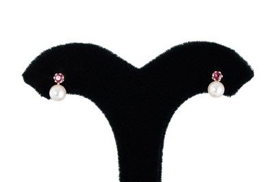 Lot 13 - A PAIR OF 9CT GOLD CULTURED PEARL AND RUBY...