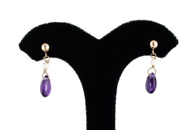 Lot 27 - A PAIR OF AMETHYST AND PEARL DROP EARRINGS,...